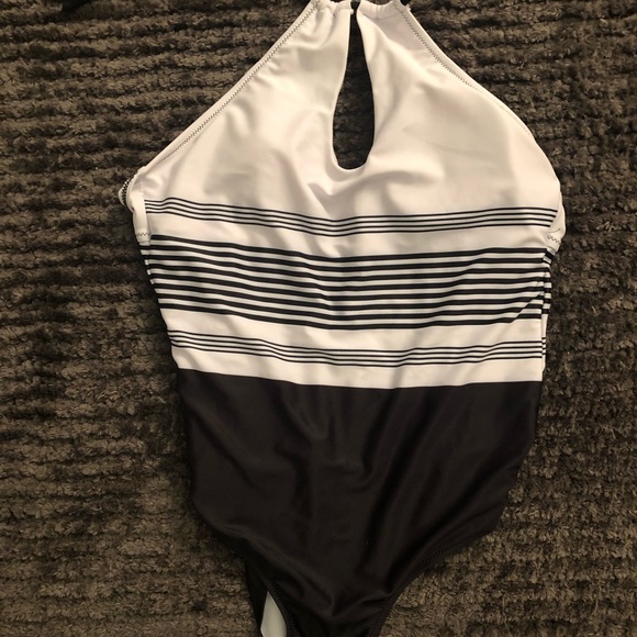 Striped Cut-out Halter One Piece - Picture 2 of 3